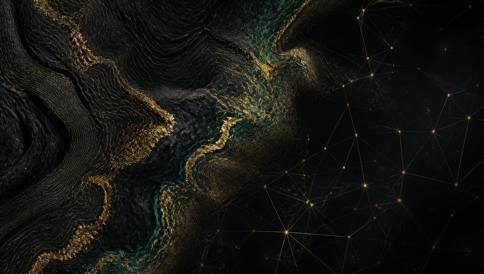 Abstract aerial view of Australian gold geology with fine gold contour linework resolving into a network grid